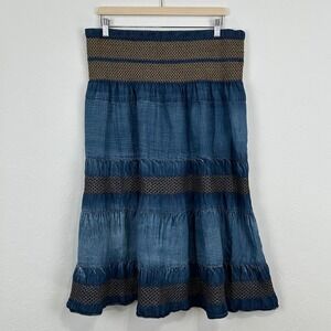 Womens Western Cowgirl Boho Maxi Skirt Sz XL Festival Tiered Smocked Chambray